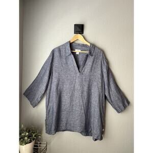 Antibes Blanc Heathered Chambray Blue Collared 3/4 Slv Tunic Shirt Top sz 1X/XL